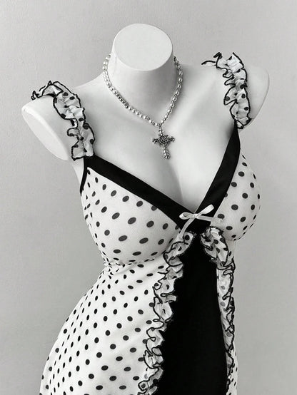 Vintage Polka Dot Gothic Mini Dress with Dark Coquette Aesthetic