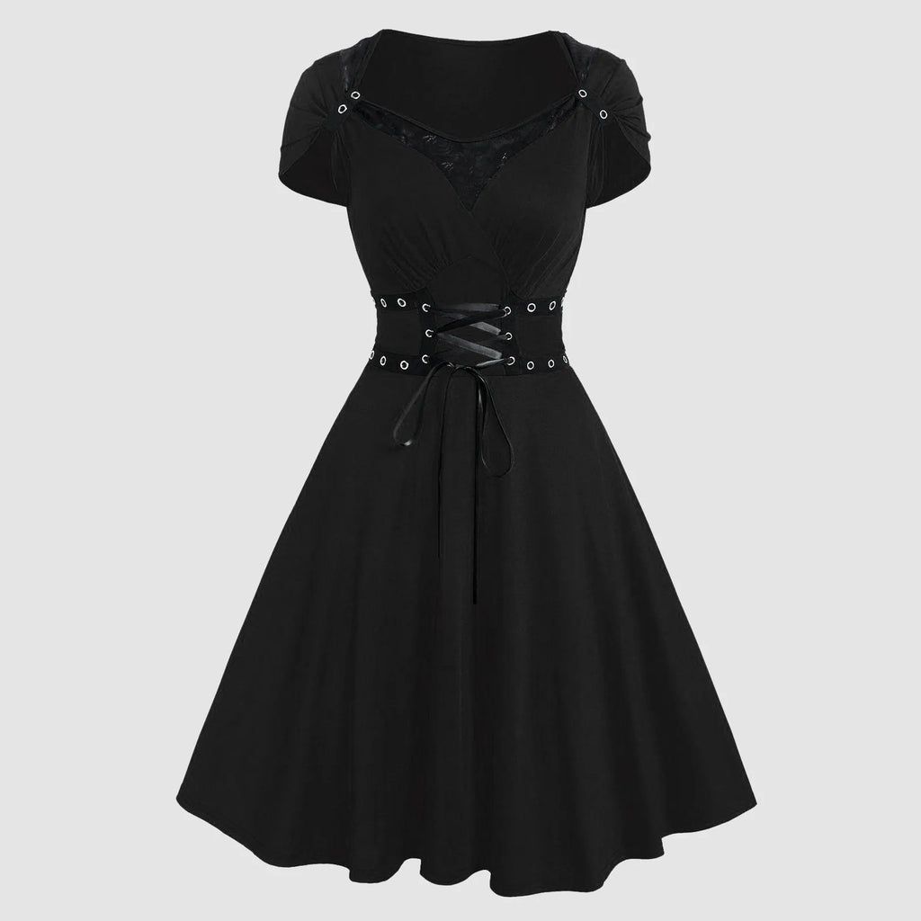 Alternative Gothic Fit and Flare Dress with Corset-Inspired Waist Detailing