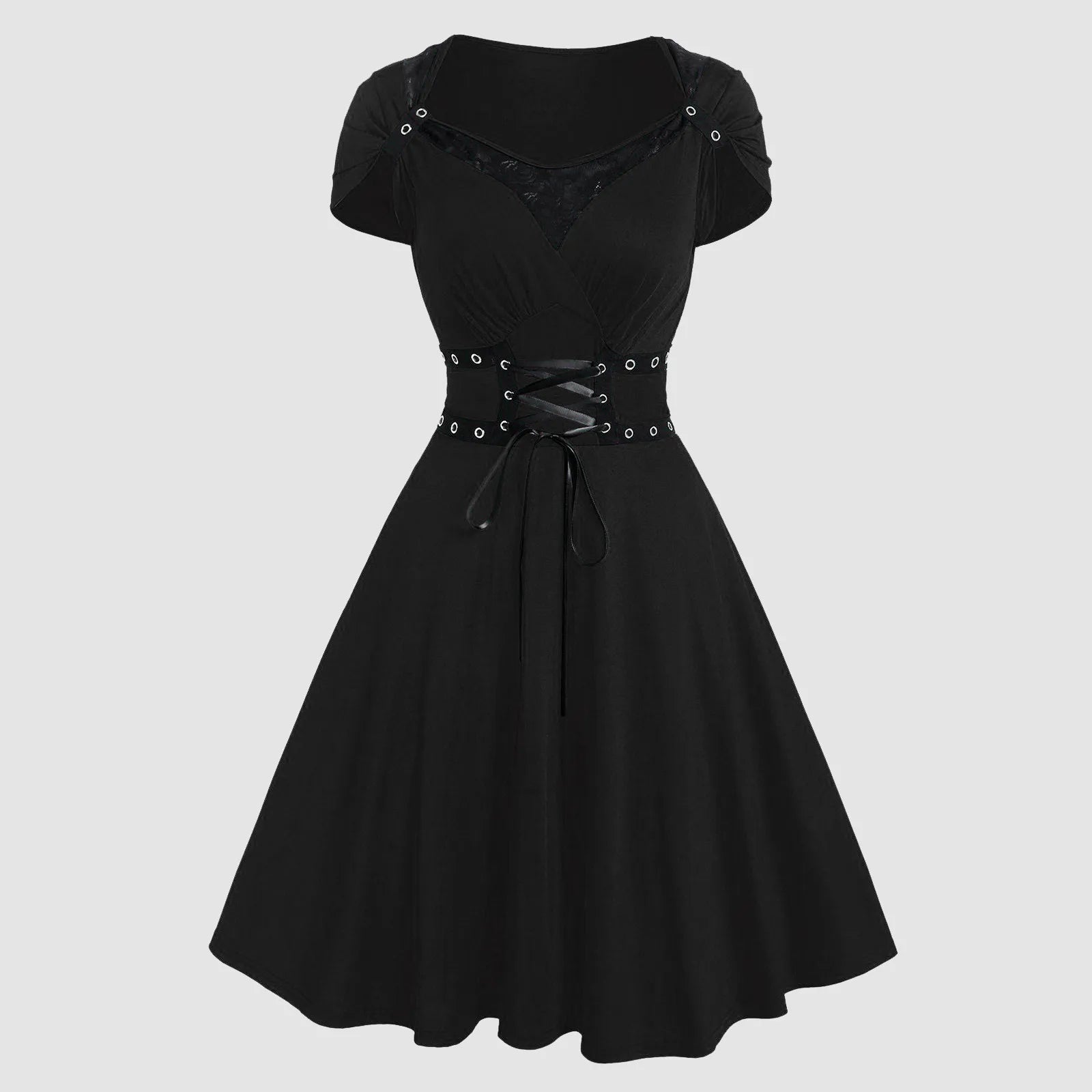 Alternative Gothic Fit and Flare Dress with Corset-Inspired Waist Detailing