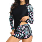Two-Piece Long Sleeve Rash Guard Swimsuit with Tropical Botanical Print and Boy Shorts