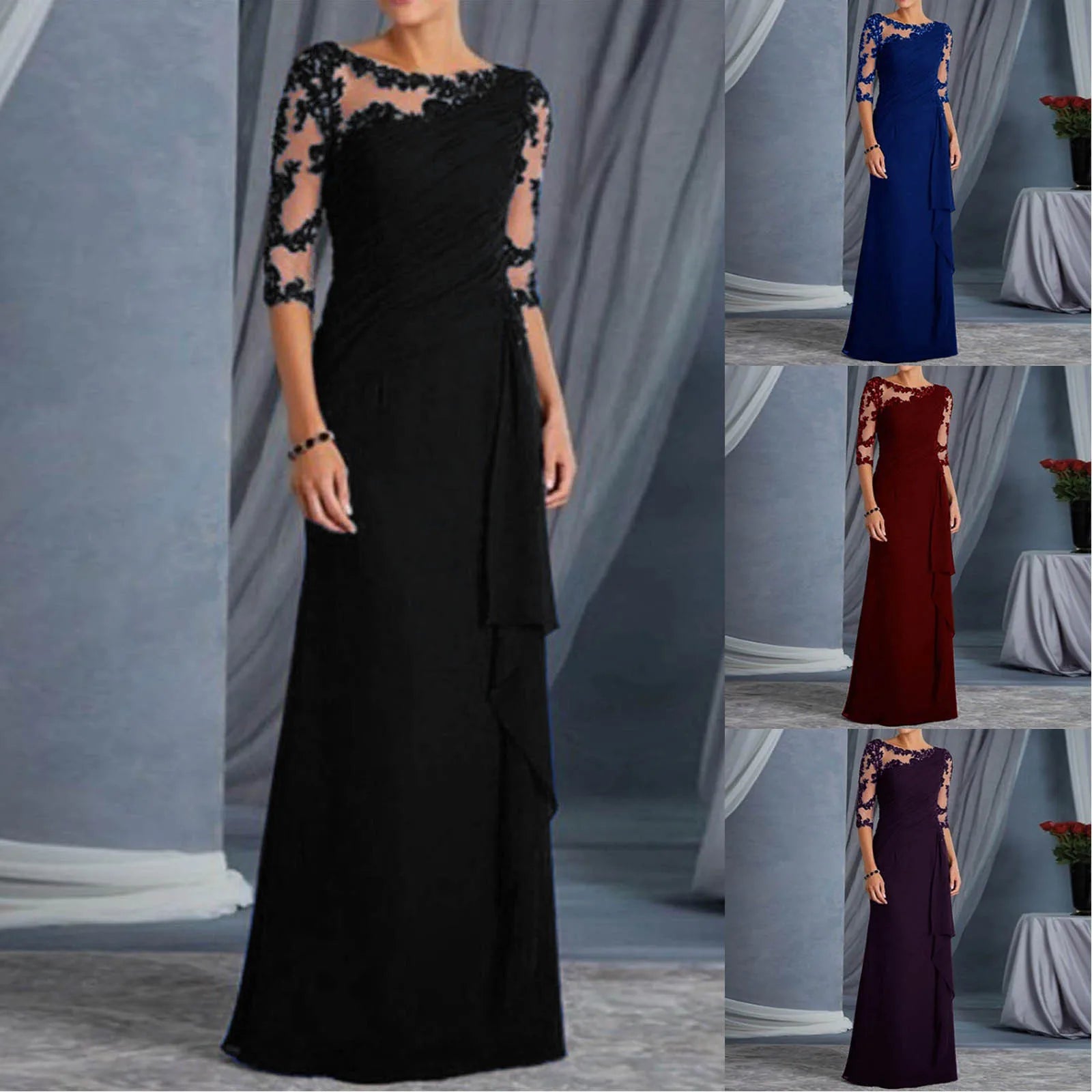 Lace Detail Maxi Dress with Sheer Sleeves and Elegant Column Silhouette