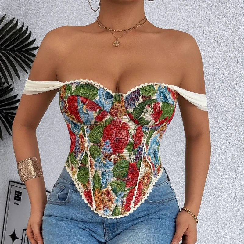Embroidered Strapless Corset Top with Floral Artwork and Structured Fit