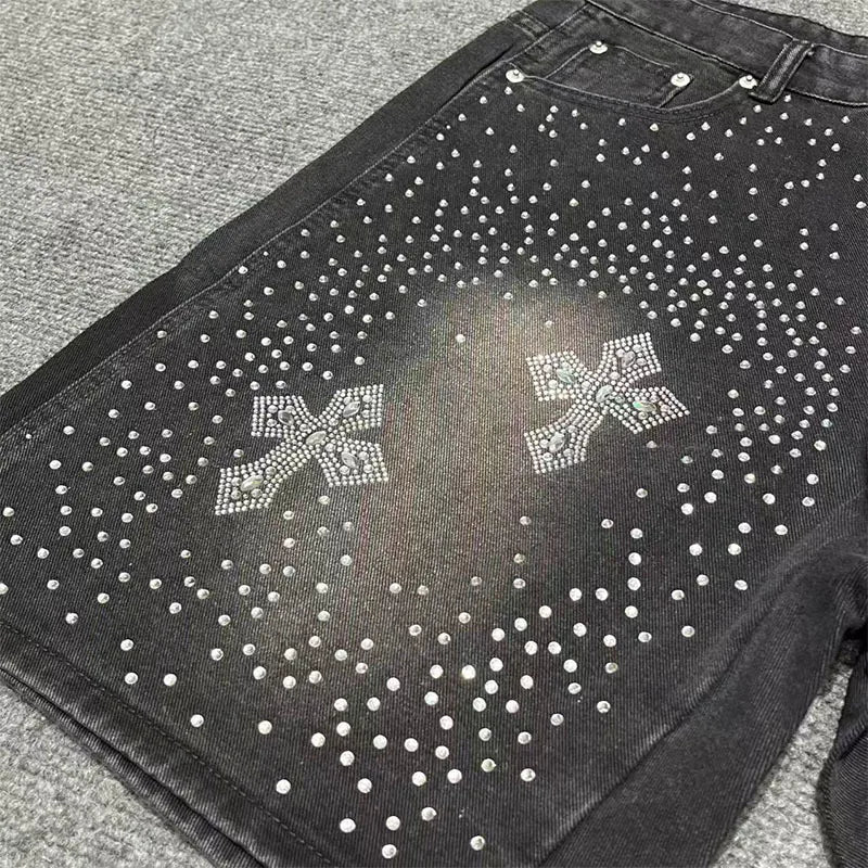 Men's Distressed Denim Shorts with Decorative Rhinestone Details and Modern Streetwear Style