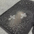 Men's Distressed Denim Shorts with Decorative Rhinestone Details and Modern Streetwear Style