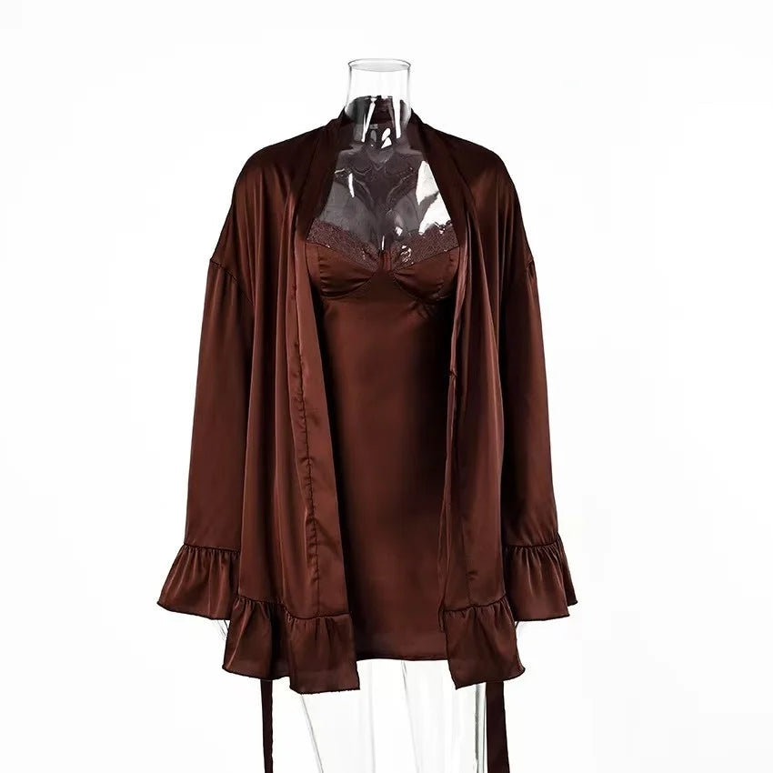 Elegant Chocolate Brown Satin-Finish Sleepwear Set with Lace-Trimmed Chemise and Matching Robe