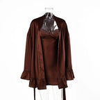 Elegant Chocolate Brown Satin-Finish Sleepwear Set with Lace-Trimmed Chemise and Matching Robe