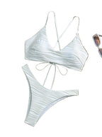 Textured Crisp White V-Neck Bikini Set with Criss-Cross Back Detailing