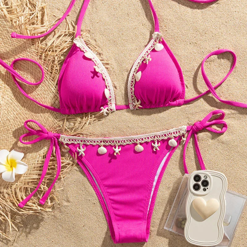 Ribbed Earthy Brown Triangle Bikini with Seashell and Lace Trim