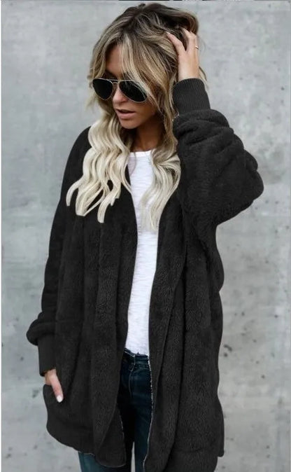 Women's Hooded Plush Fleece Cardigan Open Front Cozy Casual Layering Jacket