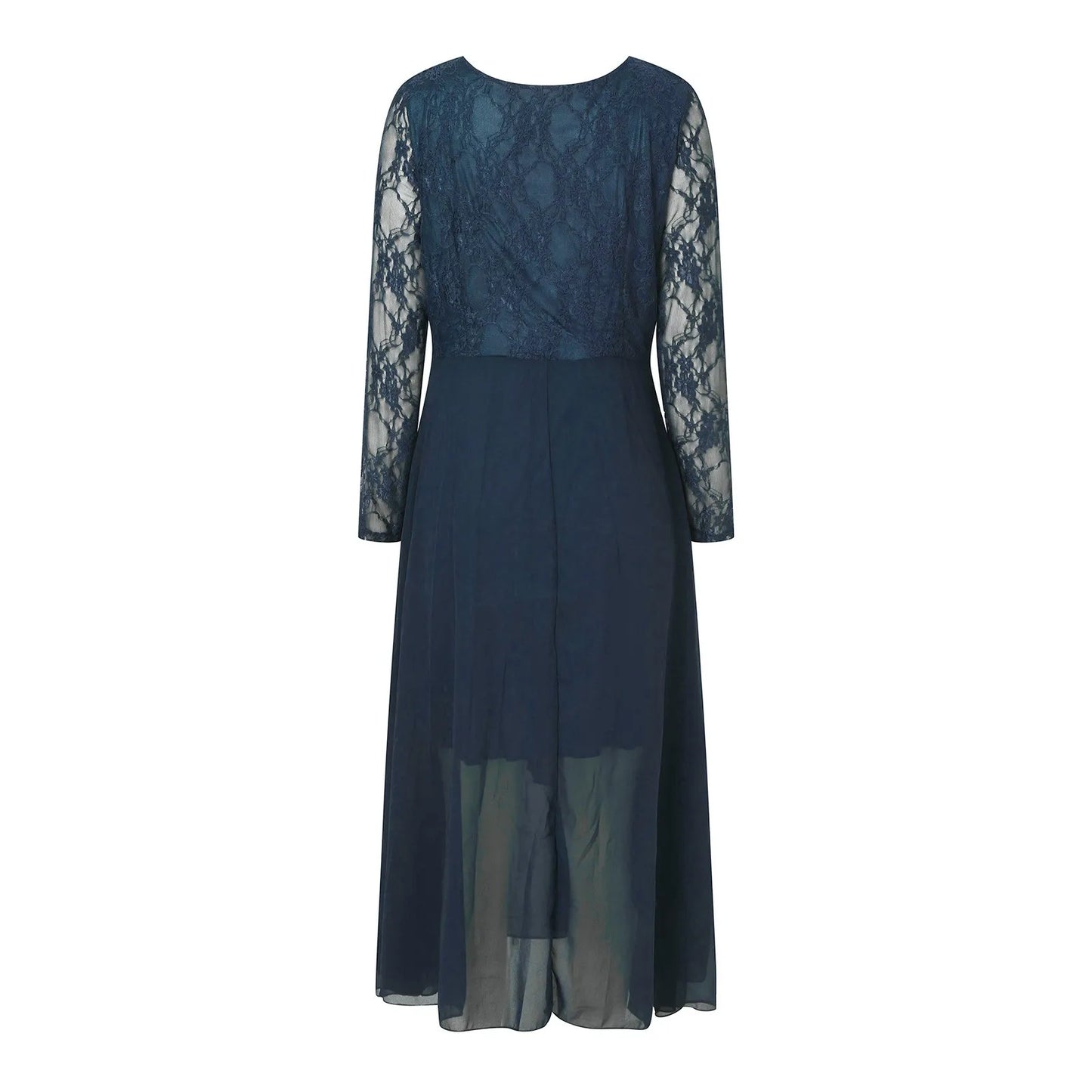 Flowing V Neck Midi Dress With Sheer Lace Sleeve Detailing