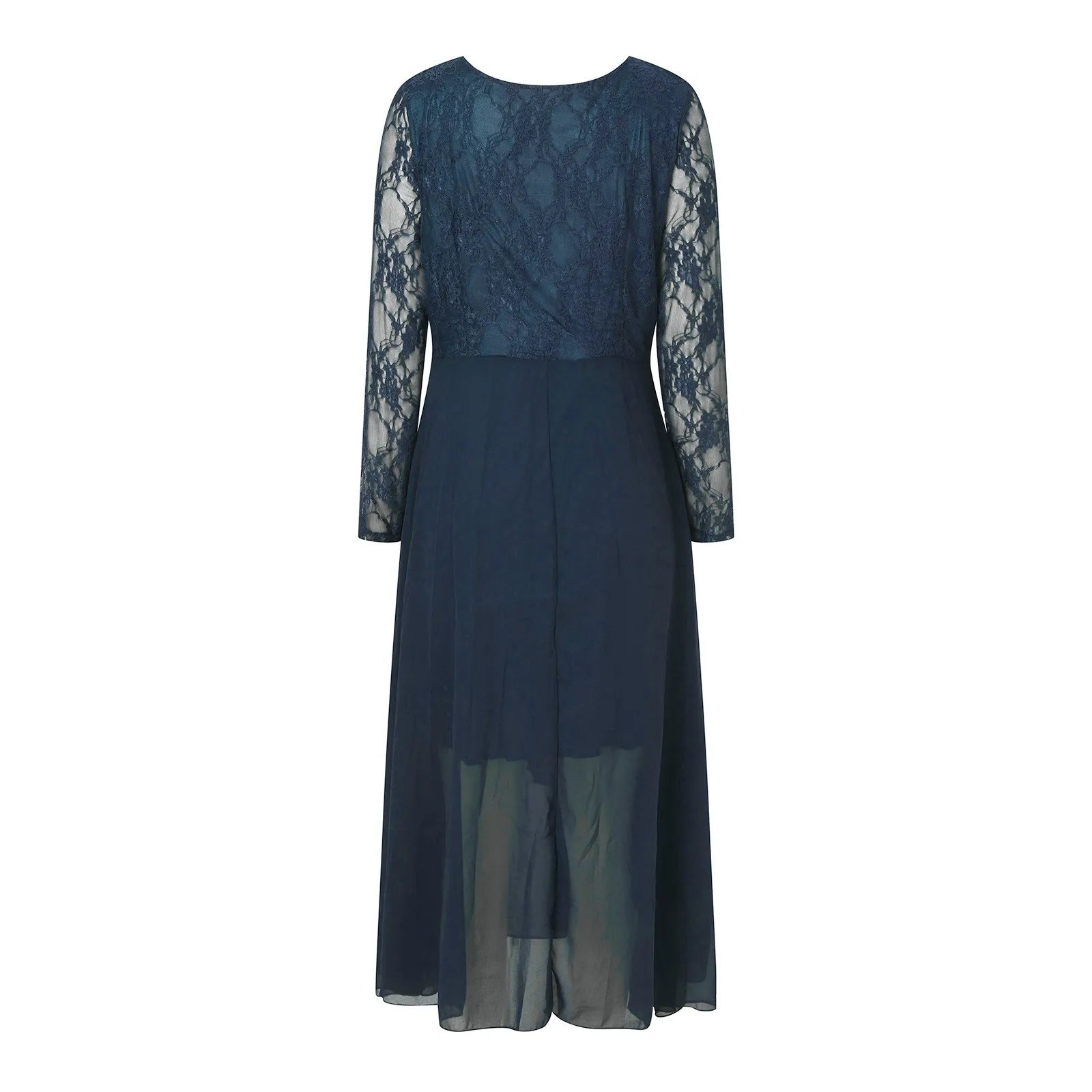 Flowing V Neck Midi Dress With Sheer Lace Sleeve Detailing