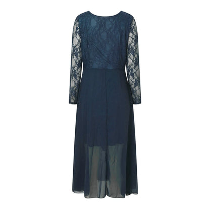 Flowing V Neck Midi Dress With Sheer Lace Sleeve Detailing