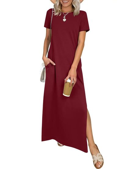Relaxed Crew Neck Maxi Dress with Side Slits and Functional Pockets