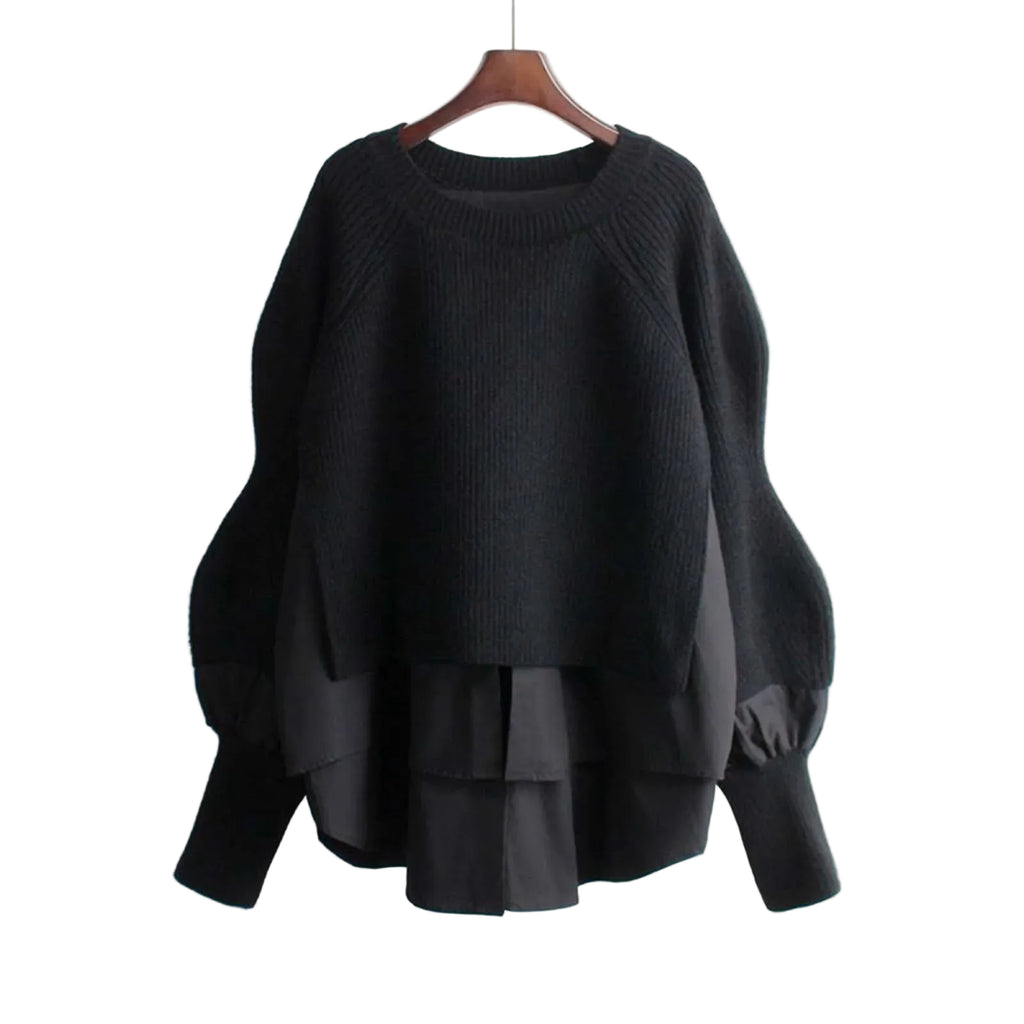 Women's Patchwork Textured Knit Lantern Sleeve Casual Streetwear Sweater