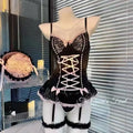 Romantic Black Lace Corset Bodysuit with Contrast Ribbon Lace-Up and Ruffled Trim