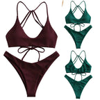 Burgundy Two-Piece Bikini Set with Lace-Up Halter Top, Crisscross Back Straps and Matching High-Waisted Bottom