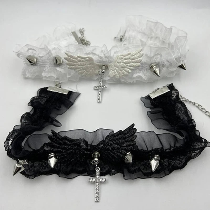 Vintage Lace Wing Bow Choker Necklace with Gothic Heart Pendant Accent