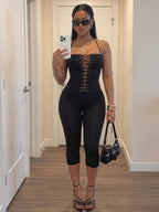 Edgy Two-Piece Lace-Up Corset Top and Fitted Capri Pant Set