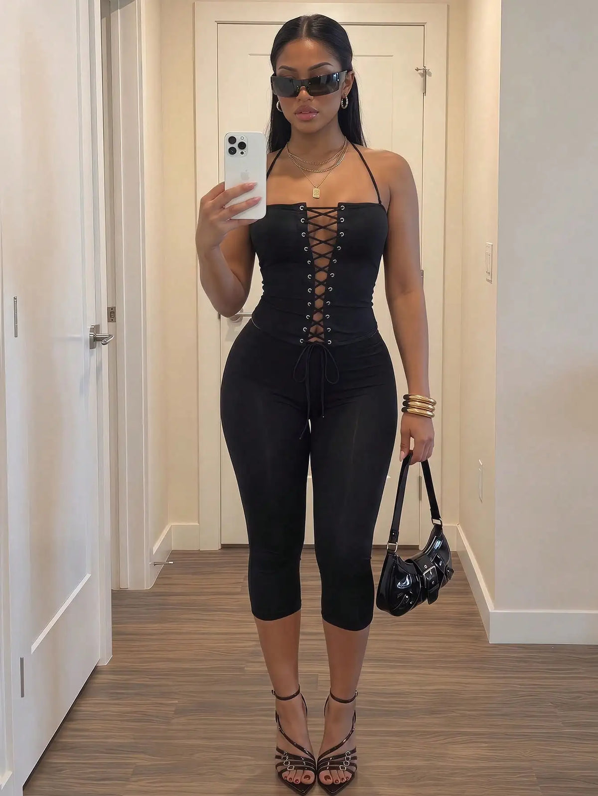 Edgy Two-Piece Lace-Up Corset Top and Fitted Capri Pant Set