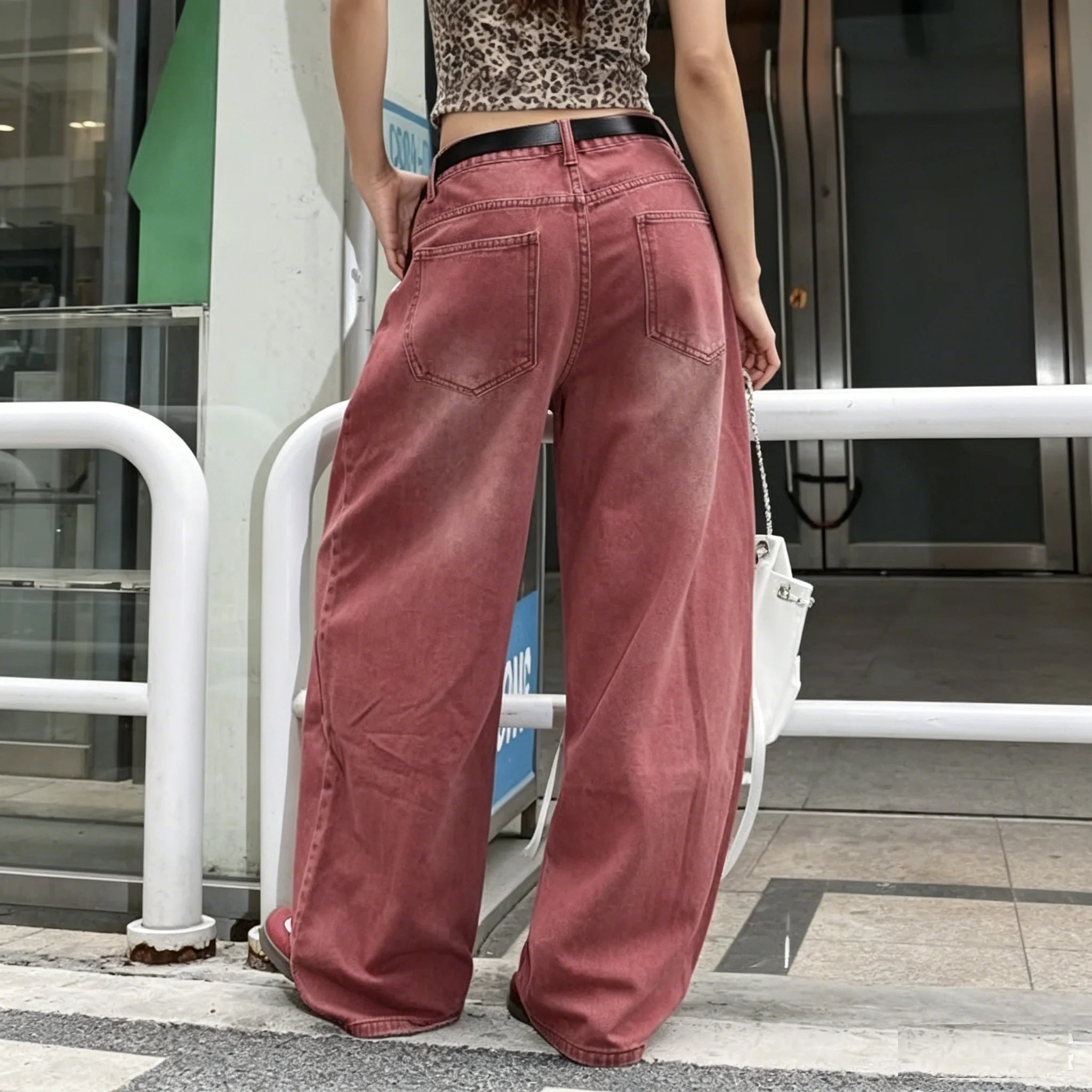 Vintage Washed Baggy Wide Leg Denim Jeans with Mid Rise Relaxed Streetwear Fit