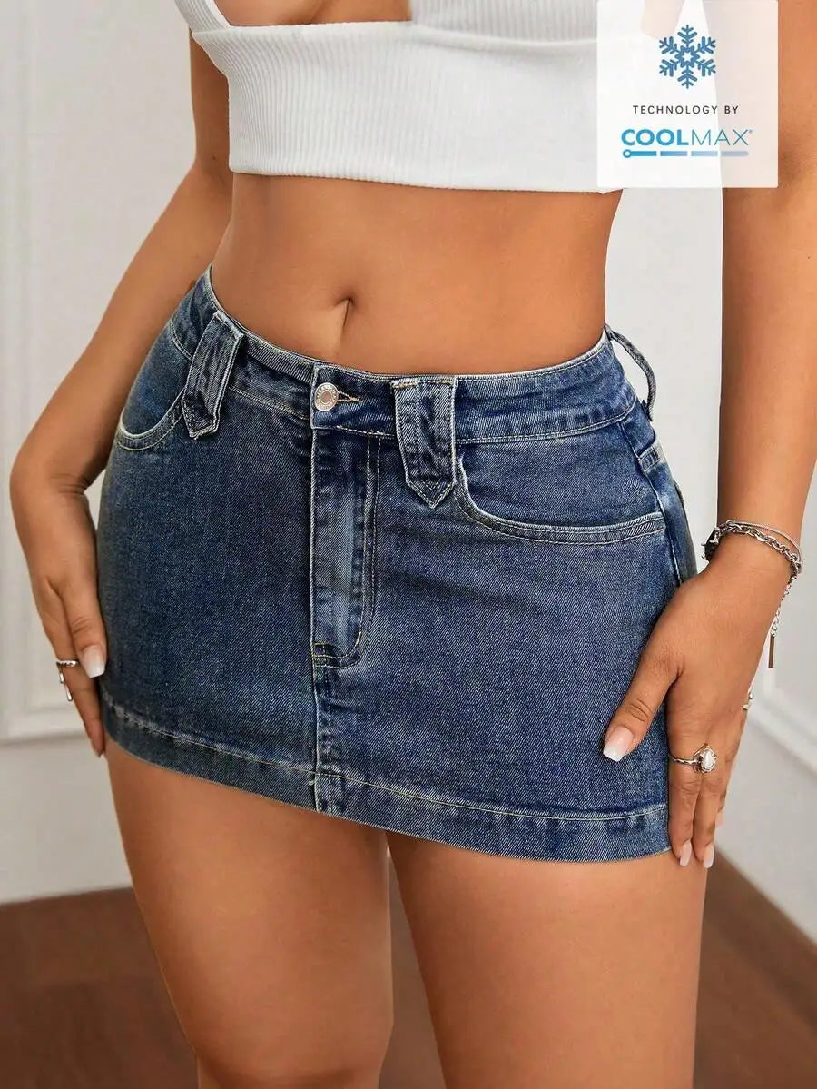 Washed Denim Bodycon Mini Skirt with Front Pockets and Slim Fit