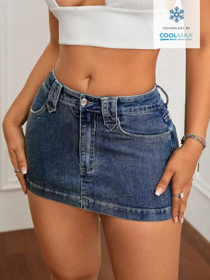 Washed Denim Bodycon Mini Skirt with Front Pockets and Slim Fit