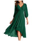 Long Sleeve Wrap Midi Dress with Ruffle Hem and Flowing Chiffon Layers