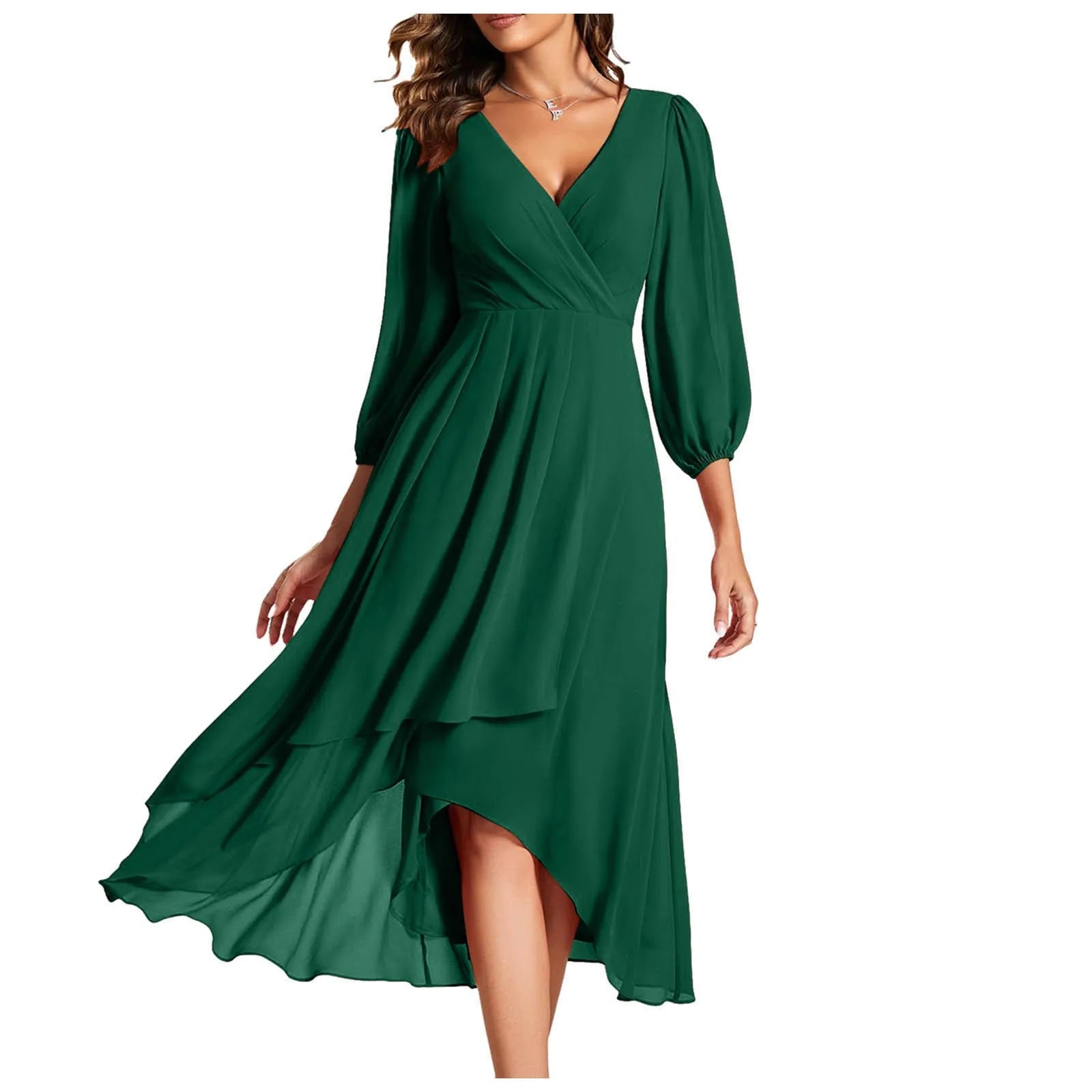 Long Sleeve Wrap Midi Dress with Ruffle Hem and Flowing Chiffon Layers