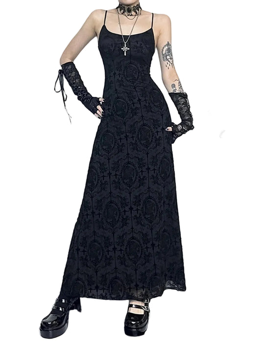 Dark Romantic Gothic Lace Maxi Dress with Delicate Strap Design