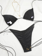 Classic Black Triangle String Bikini with Double-Strap Bead Details