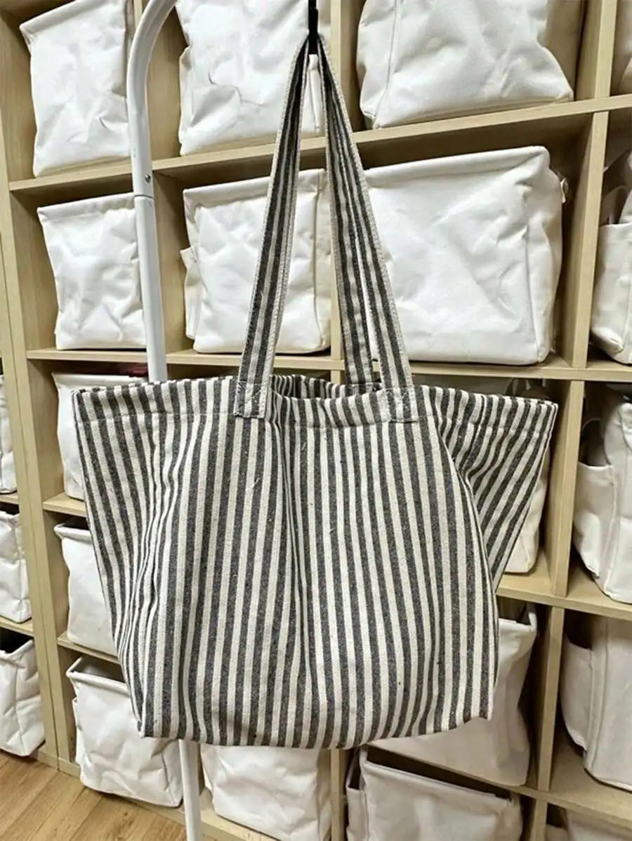 Striped Canvas Tote Bag with Large Capacity Casual Everyday Shoulder Design