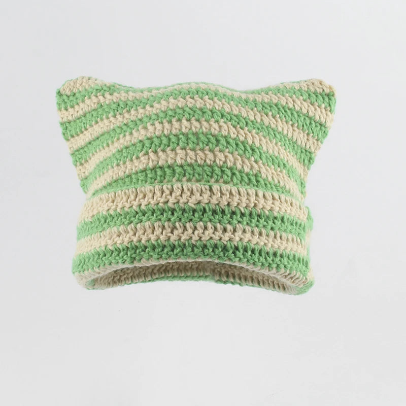 Striped Cat Ear Knit Beanie with Cotton Acrylic Blend for Playful Streetwear Fashion Style
