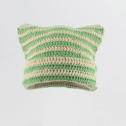 Striped Cat Ear Knit Beanie with Cotton Acrylic Blend for Playful Streetwear Fashion Style