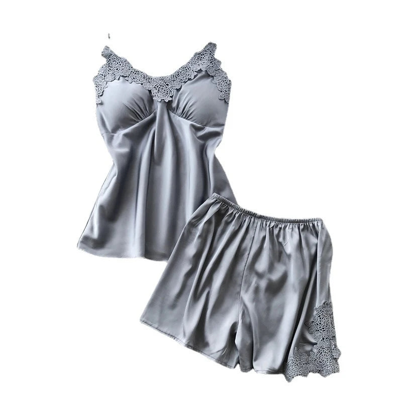 Midnight Blue Satin-Finish Camisole and Shorts Sleepwear Set with Lace Trim