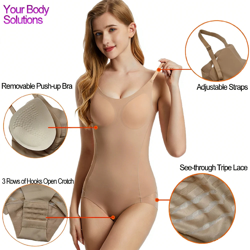 Adjustable Strap Shaping Bodysuit with Ruched Back Detailing and Sheer Mesh Paneling