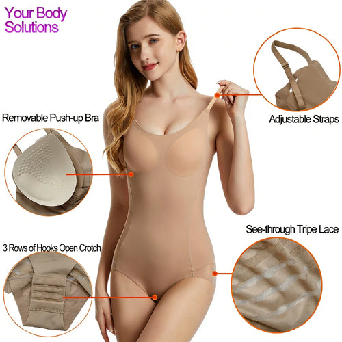 Adjustable Strap Shaping Bodysuit with Ruched Back Detailing and Sheer Mesh Paneling