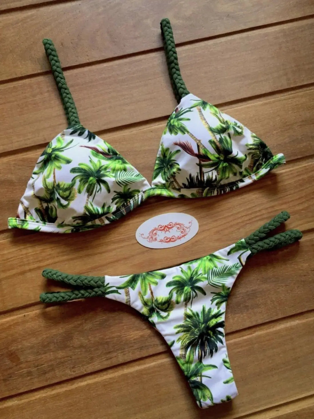 Tropical Palm Print Triangle Bikini Set with Twisted Rope Strap Details