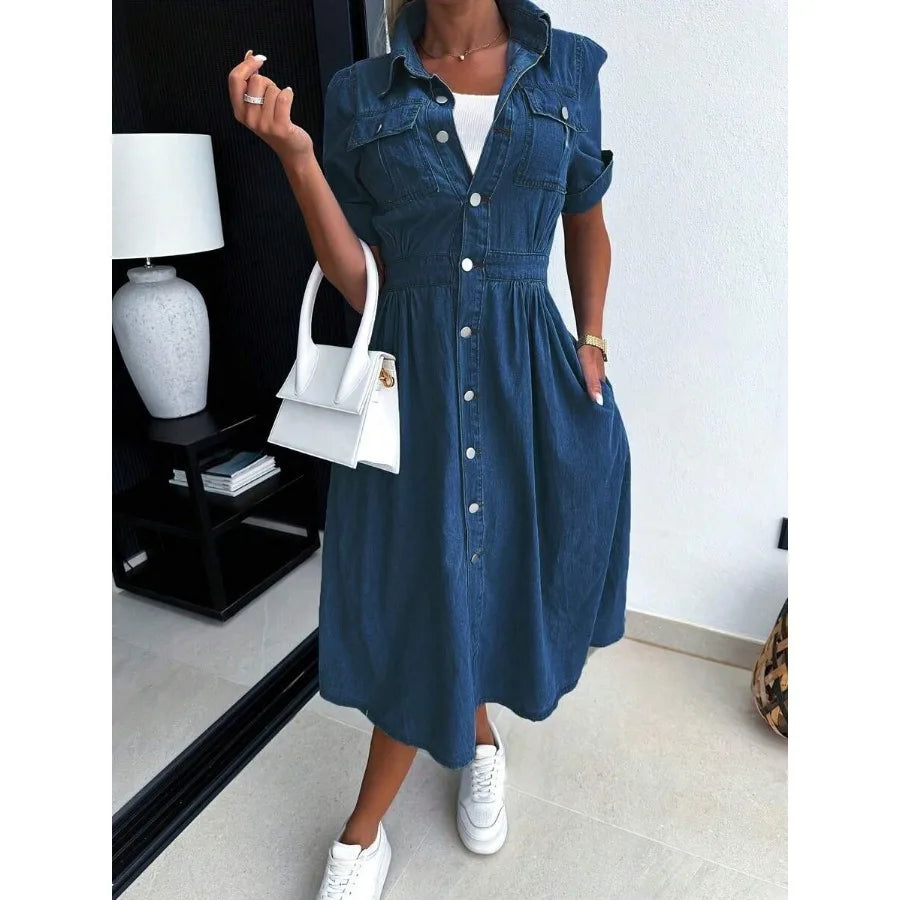 Button Front Denim Shirt Dress with Short Sleeves and Utility Pockets