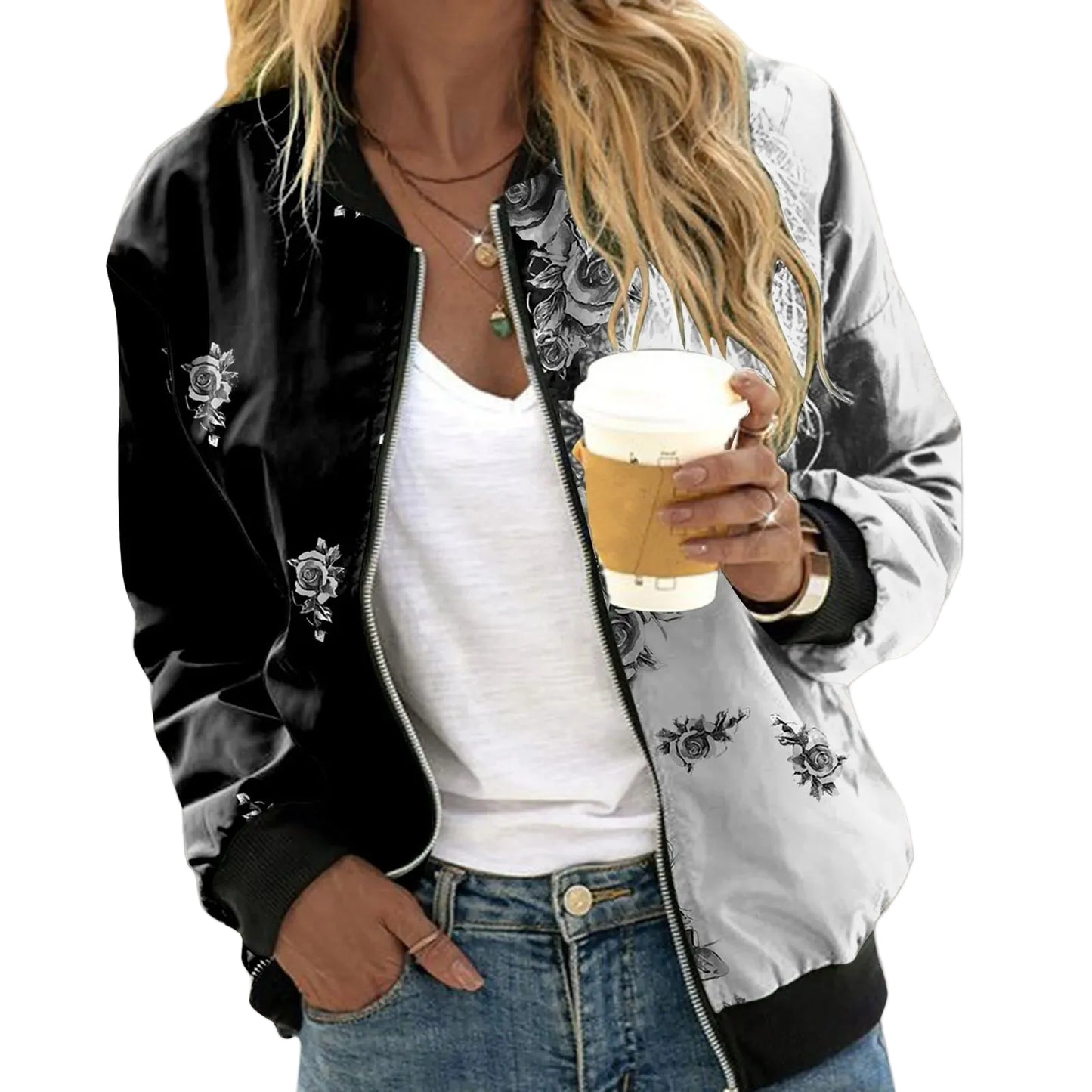 Women's Botanical Print Zip-Up Bomber Jacket with Contemporary Casual Streetwear Silhouette