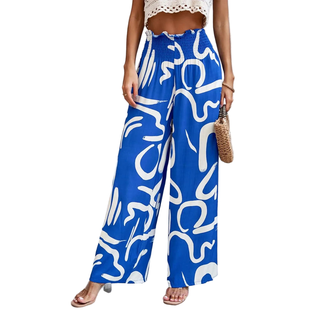 Women's High Waist Wide Leg Printed Casual Trousers with Relaxed Everyday Fit