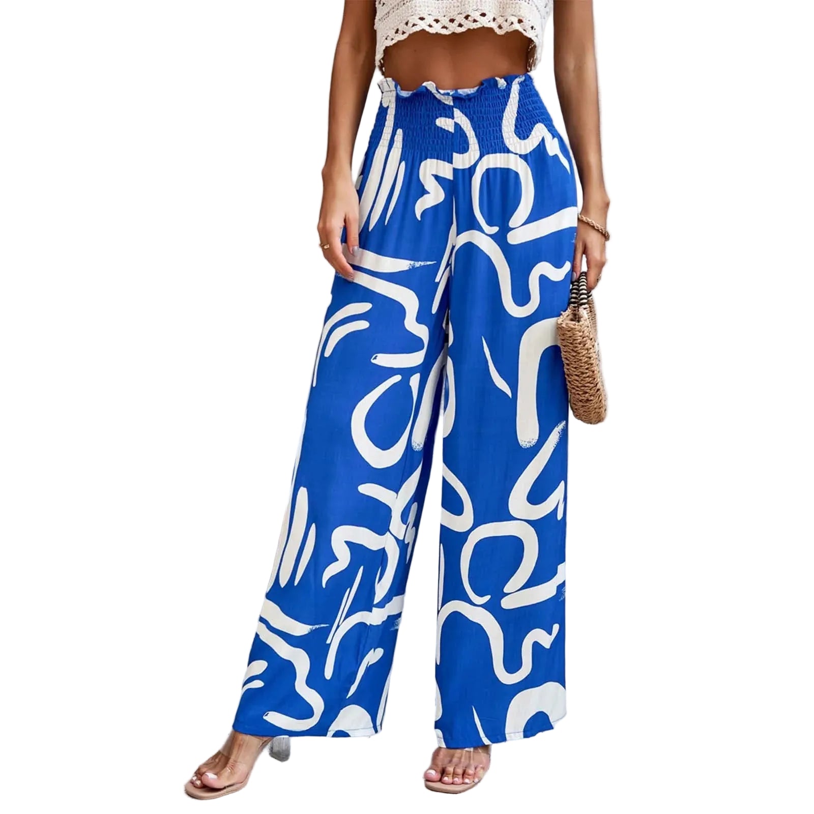 Women's High Waist Wide Leg Printed Casual Trousers with Relaxed Everyday Fit