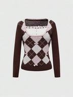 Women's Argyle Knit Sweater with Bow Detail and Fitted Preppy Silhouette