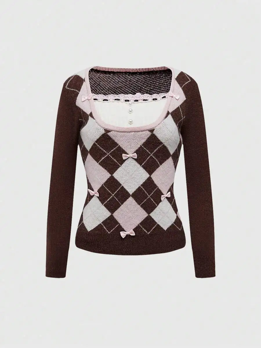 Women's Argyle Knit Sweater with Bow Detail and Fitted Preppy Silhouette