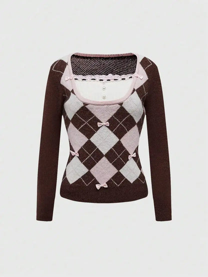 Women's Argyle Knit Sweater with Bow Detail and Fitted Preppy Silhouette
