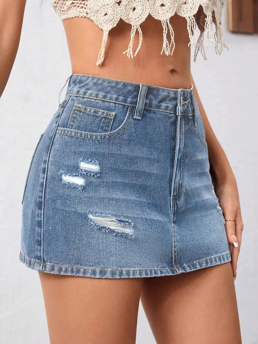 Distressed Denim Mini Skirt with Ripped Details and Streetwear Edge