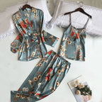Elegant 3-Piece Floral Print Satin-Finish Loungewear Set with Robe, Cami, and Trousers