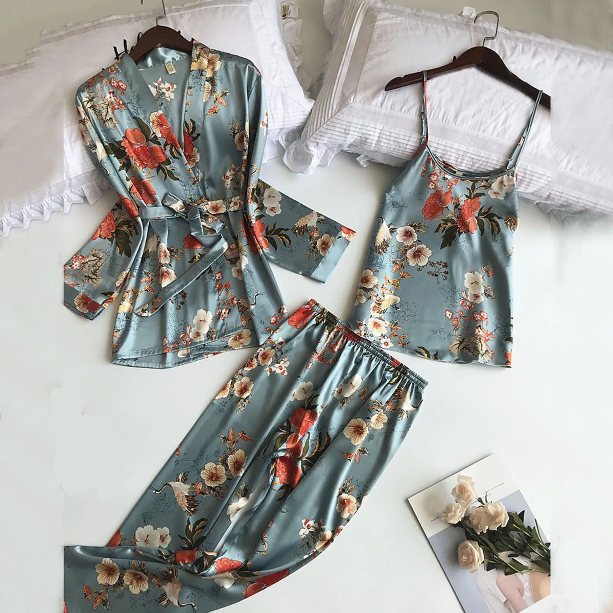 Elegant 3-Piece Floral Print Satin-Finish Loungewear Set with Robe, Cami, and Trousers