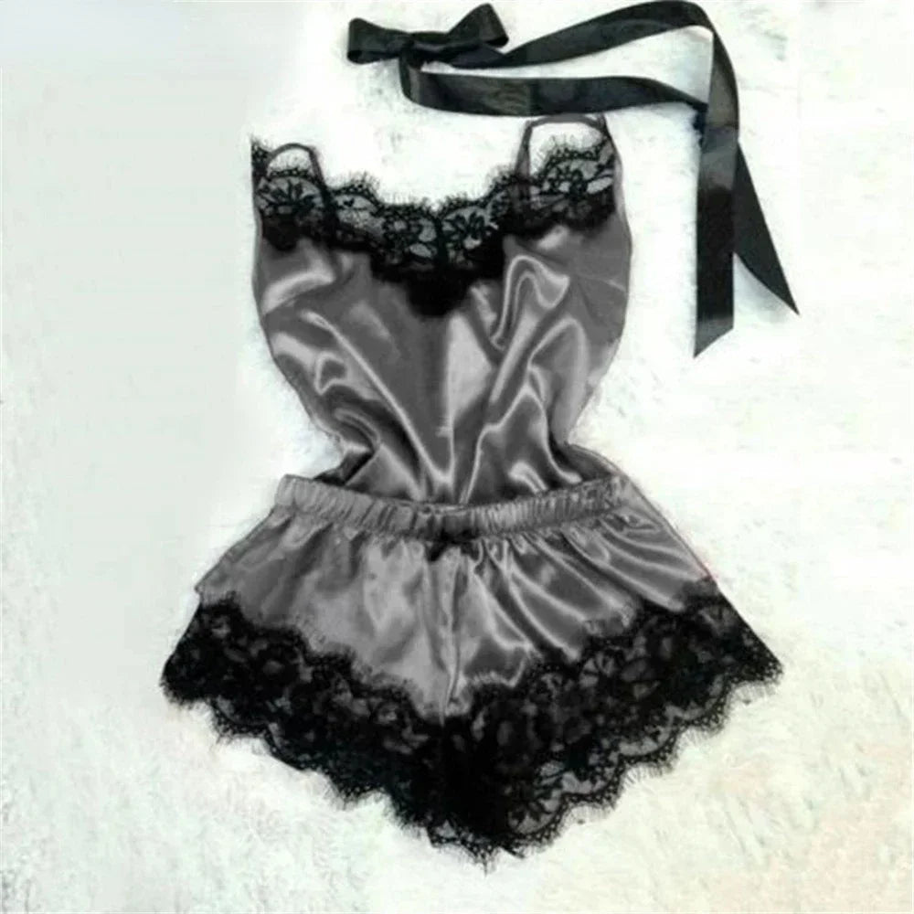 Women's Satin Lace Pajama Set with V-Neck Camisole Top, Matching Shorts, Delicate Lace Trim and Spaghetti Straps