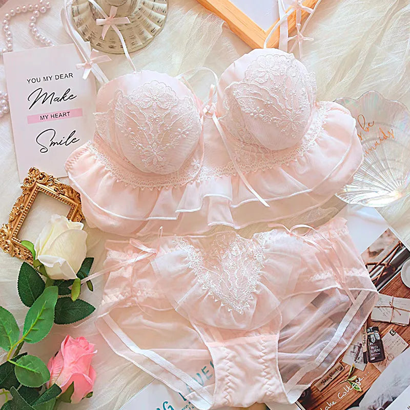 Sweet Peach Ruffled Wire-Free Bralette and Panty Set with Floral Embroidery