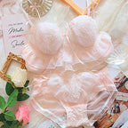Sweet Peach Ruffled Wire-Free Bralette and Panty Set with Floral Embroidery